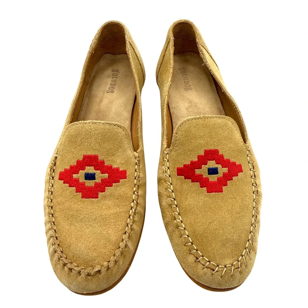 Soludos Tan Suede Smoking Loafers Size 8 Red Embroidered Slip On Flats